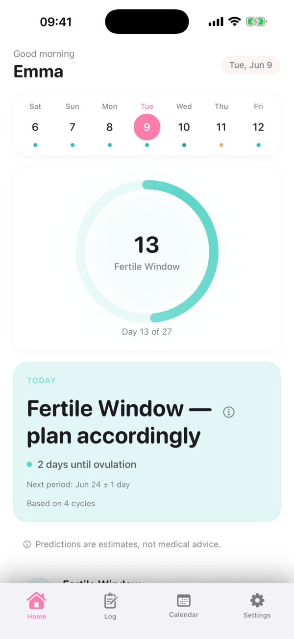 Ovaly home screen showing the current cycle day, phase and fertile-window prediction
